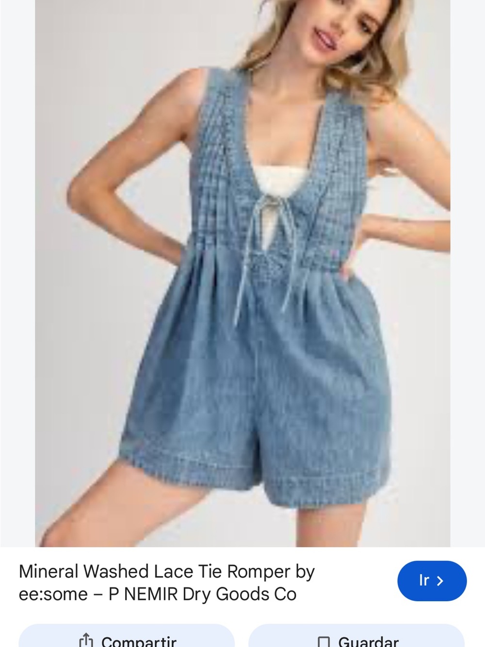 eesome Mineral Wash Blue Lace-Tie Smocked Romper